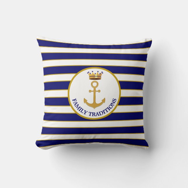 Anker und Krone der Familie auf Navy Blue & White  Kissen (Vorderseite)