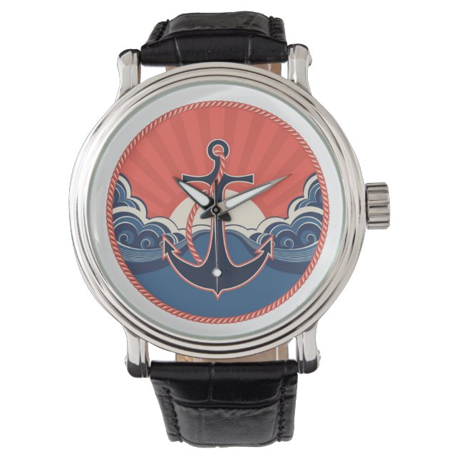 Anker- und Meereswellen-Muster Armbanduhr (Vorderseite)