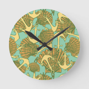 Anker und Muscheln im Vintage-Stil Muster Runde Wanduhr
