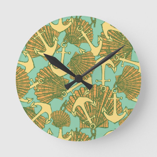 Anker und Muscheln im Vintagen Stil Runde Wanduhr (Vorderseite)
