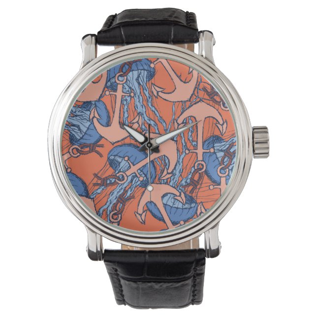 Anker- und Quallenmuster Armbanduhr (Vorderseite)
