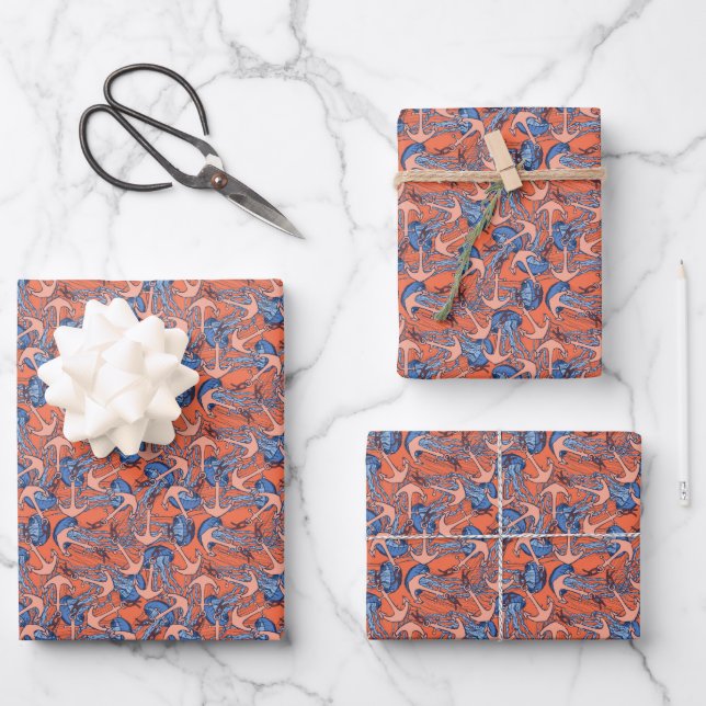 Anker- und Quallenmuster Geschenkpapier Set (Vorderseite)