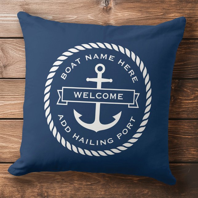 Anker- und Seilbootname Aufnahme Hafen Kissen (Anchor and rope boat name hailing port welcome throw pillow)