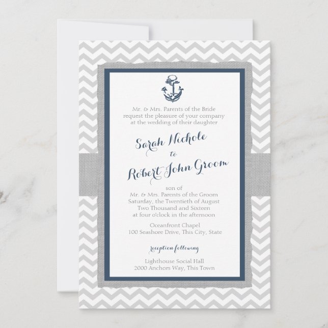 Anker und Zickzack Hochzeit von Navy und Grau Einladung (Vorderseite)