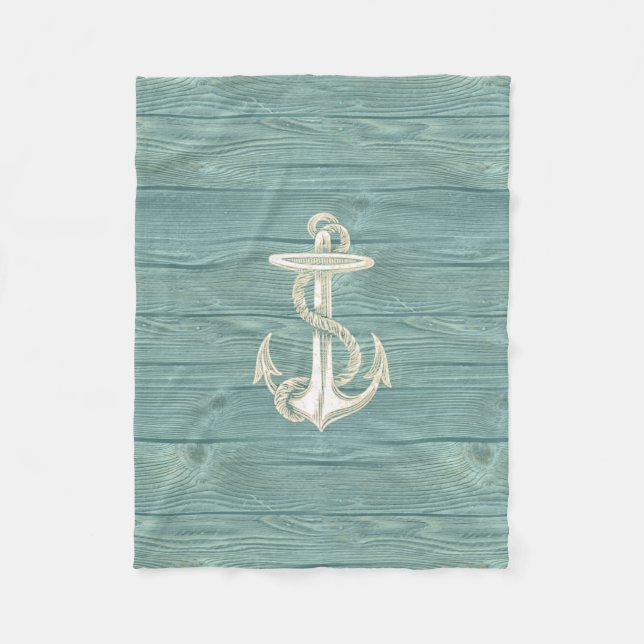 Anker-Vintages Aqua-hölzerne Strand-Fleece-Decke Fleecedecke (Vorderseite)