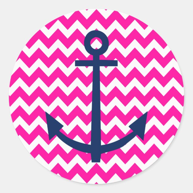 Anker Zickzack nautisches Rosa und Marine Runder Aufkleber (Vorderseite)