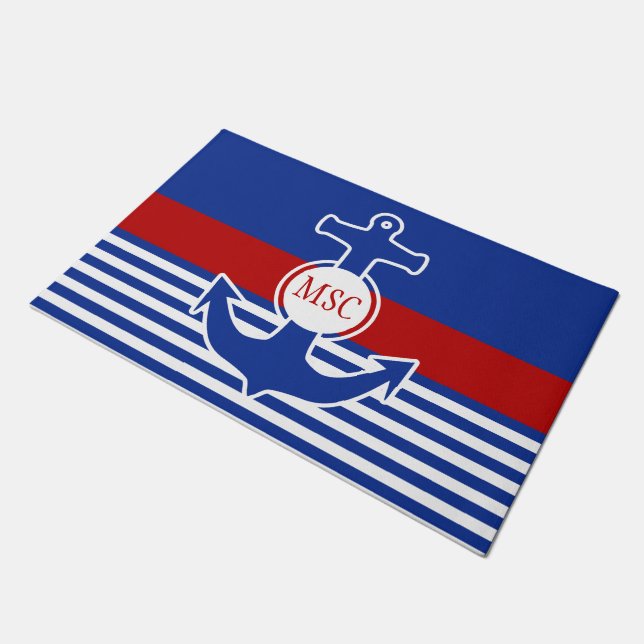 Ankerblau / Contour weiß + Ihre Monogramm Fußmatte (Schrägansicht)