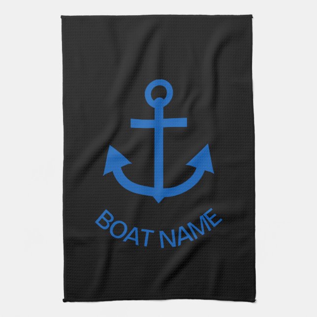 Ankerblau Personalisiert Ihr Bootsname Schwarz Geschirrtuch (Vertikal)