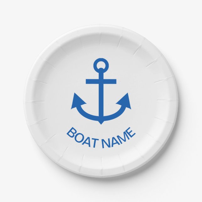 Ankerblau Personalisiert, Name des Schiffes weiß Pappteller (Vorderseite)