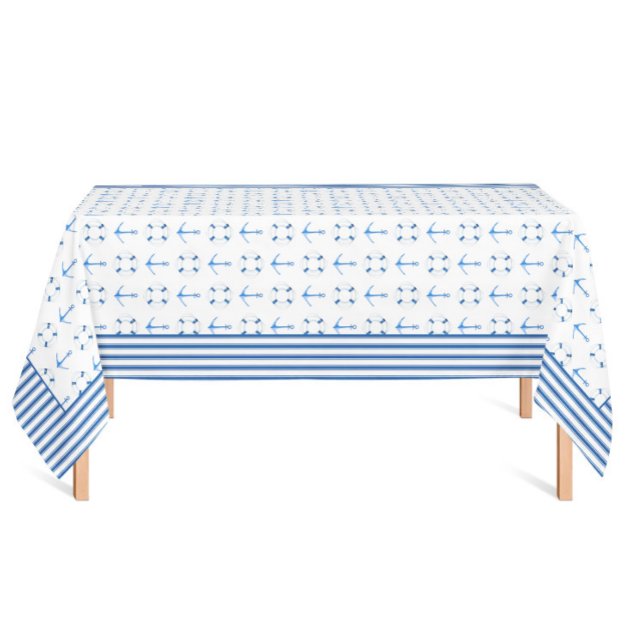 Ankerbord für Wasserfarben Lifebuoy gestreifte Gre Tischdecke (Nautical Sailing Tablecloth with watercolor boat anchor and lifebuoys, striped border)