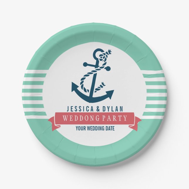 Ankerbord mit weißen Streifen Pappteller (Vorderseite)