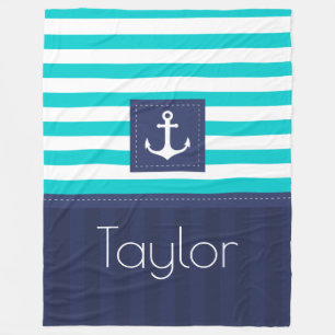 Ankerdesign der Aqua Navy Blue Nautic Stripes Fleecedecke