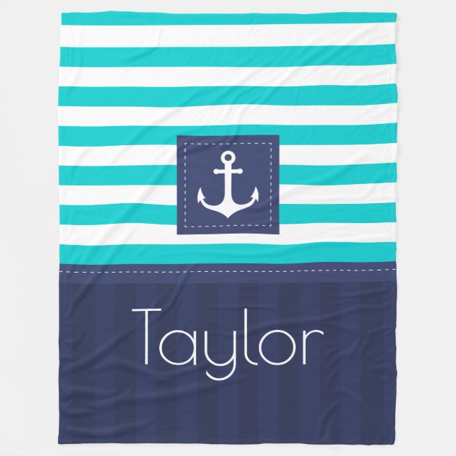 Ankerdesign der Aqua Navy Blue Nautic Stripes Fleecedecke (Vorderseite)