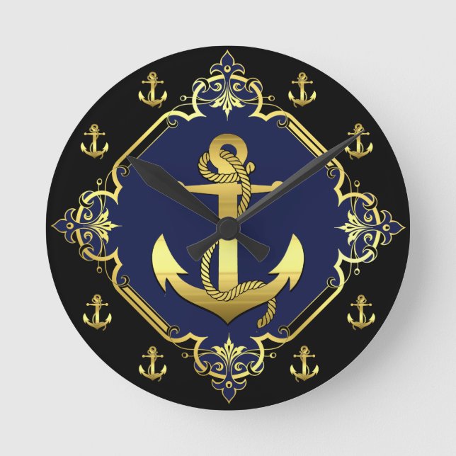 Ankergold/schwarze Silhouette/Marine des Schiffes Runde Wanduhr (Vorderseite)