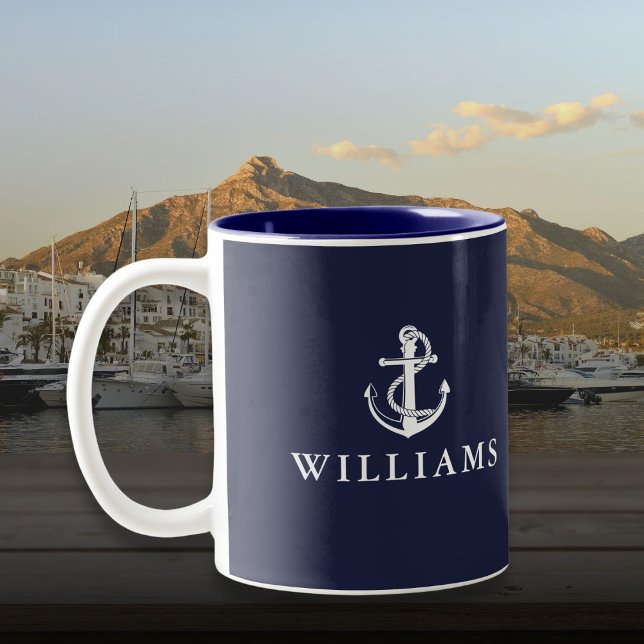 Ankerschiff Navy Blue Individuelle Name Zweifarbige Tasse (Navy Blue Custom Name Nautical Boat Anchor Two-Tone Coffee Mug)