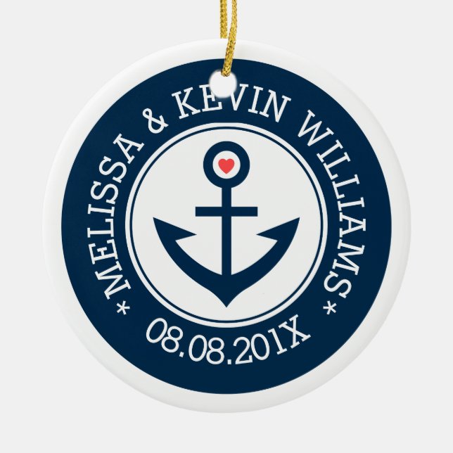 Ankerschiff Navy-Blue & White Wedding Nautical Boa Keramikornament (Vorne)