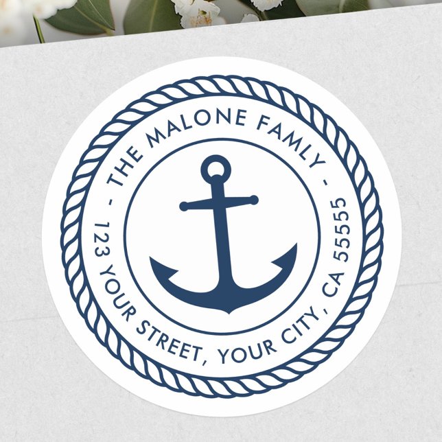 Ankerseilgrenze nautische weiße Rücksendeadresse Runder Aufkleber (Anchor rope border nautical white return address classic round sticker)
