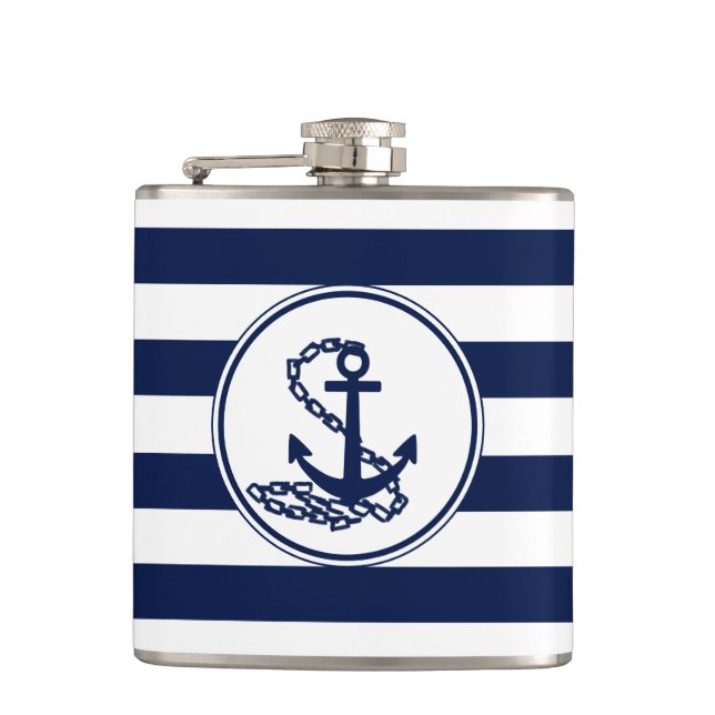 Ankersymbol Blau-und Weiß Streifen Sailor Stil Flachmann (Vorderseite)