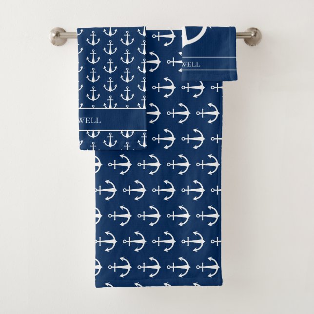 Ankerzeichen für gemusterte blaue weiße Namen Badhandtuch Set (Insitu)