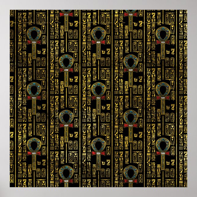 Ankh  and Egyptian hieroglyphs pattern Poster (Vorne)