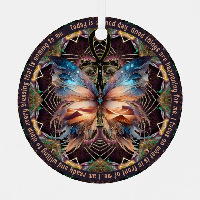 Ankh Butterfly Life Symbol Mandala Affirmation Ornament Aus Metall (Vorderseite)