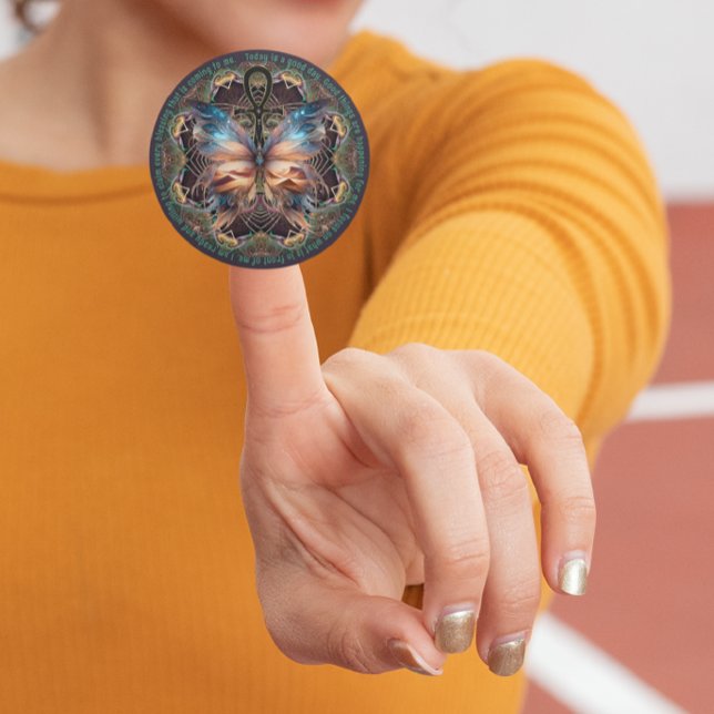 Ankh Butterfly Life Symbol Mandala Affirmation Runder Aufkleber (spread the goodness with your favourite affirmation with ankh life artistry mandala by webgrrl.)