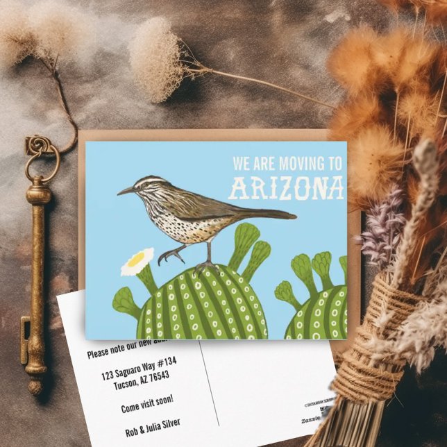 ANKÜNDIGUNG Arizona Saguaro Cactus Wren Postkarte (Arizona moving announcement postcard with cactus wren and saguaro cactus illustration. Customizable!)