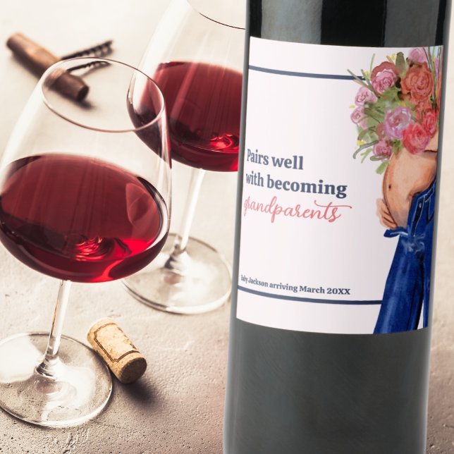 Ankündigung der Blumenpraxis Neue Großeltern Schwa Weinetikett (Watercolor Floral New Grandparents Pregnancy Announcement Wine Label)