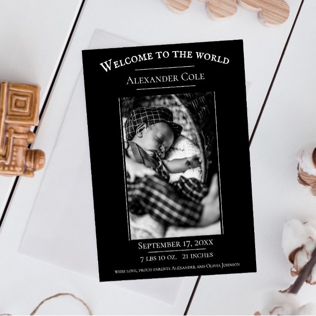 Ankündigung der Geburt des Minimalistischen Fotos (Black Minimalist Photo Birth Announcement)