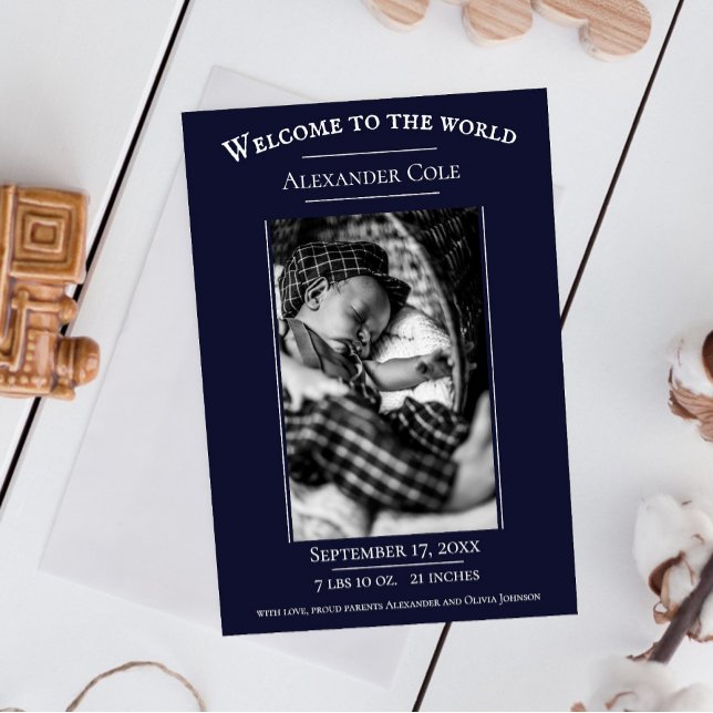 Ankündigung der Geburt eines Minimalistischen Foto (Navy Blue Minimalist Photo Birth Announcement)