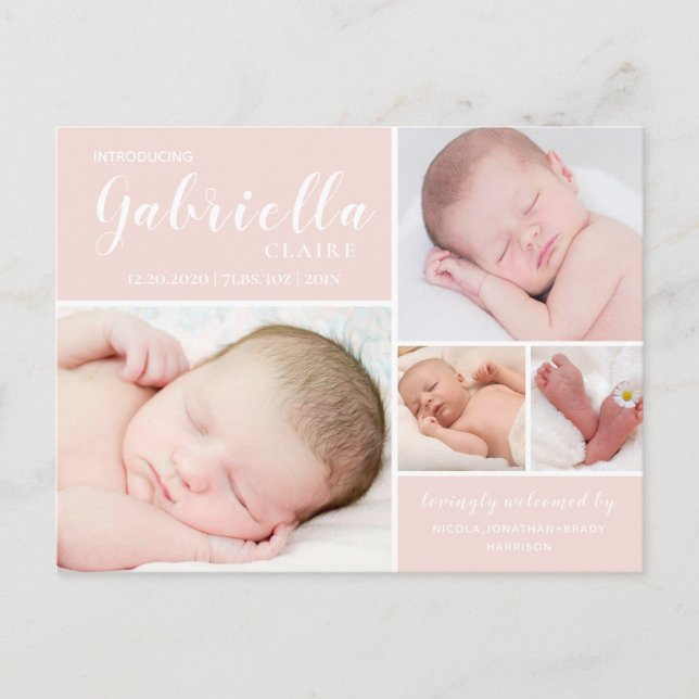 Ankündigung der Geburt eines modernen Blush Baby G Postkarte (Vorderseite)