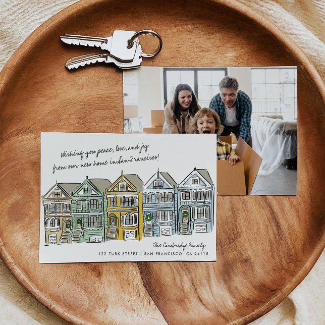 Ankündigung der gestrichenen Ladys San Francisco (Hand-drawn holiday moving announcement card featuring an illustration of the Painted Ladies.)