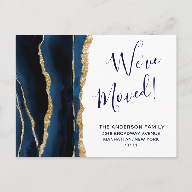 Ankündigung der Gold Navy Blue Watercolor Moving Postkarte (Vorderseite)