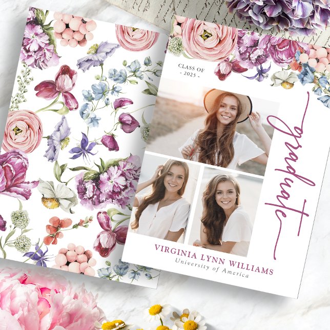 Ankündigung des Abschlusses von Burgund Floral (Burgundy Floral Graduation Announcement with Pictures by Painted Paperie
)