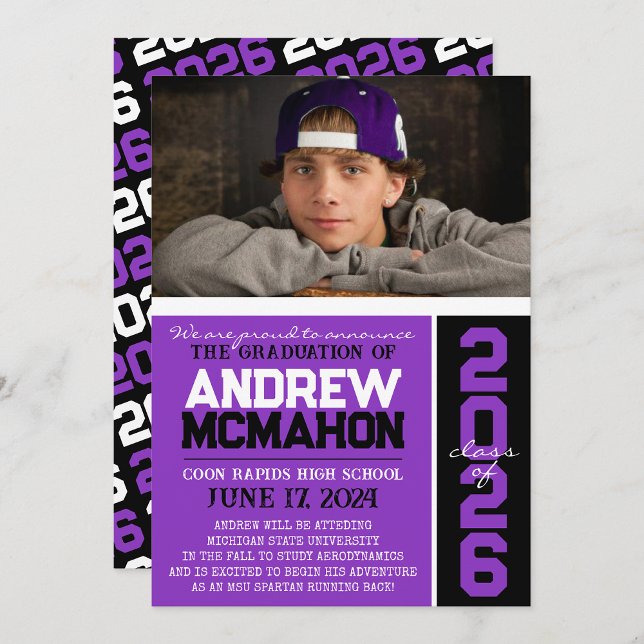 Ankündigung des Fotos lila und schwarz Abschluss ( Repeating Class Year 1 & 2 Photo Graduation Invitations & Announcements)