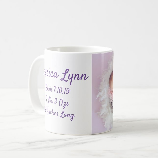Ankündigung des Geburtsdatums von Baby mit Foto Kaffeetasse (Vorderseite Links)