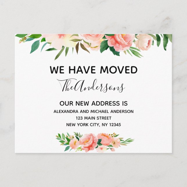 Ankündigung des Haushalts Peach Coral Floral Movin Postkarte (Vorderseite)