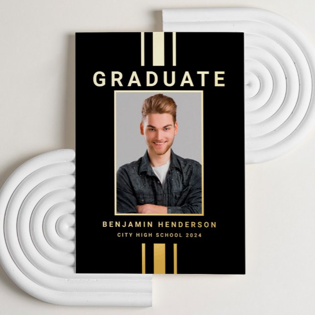 Ankündigung des modernen Abschlusses Black Gold Fo (Custom Photo Modern Graduation Black Gold Foil Announcement Card)