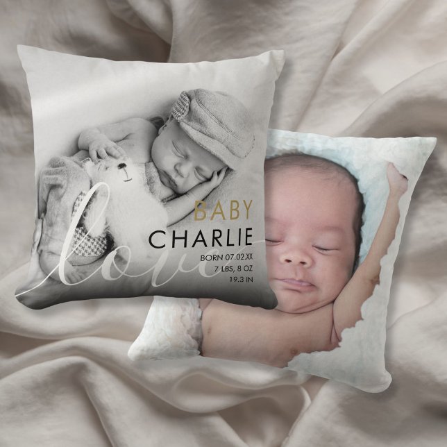 Ankündigung des modernen Gold Foto Baby Birth Stat Kissen (Modern Gold Photo Baby Birth Stats Announcement Throw Pillow)