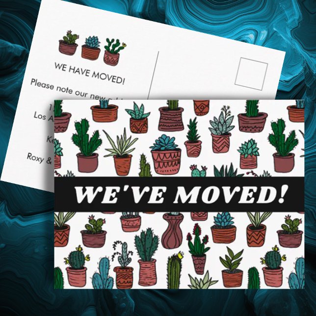 ANKÜNDIGUNG KAKTI-Haushaltspflanzenmuster Postkarte (Custom moving address change relocation postcard with cactus art pattern - add your details )