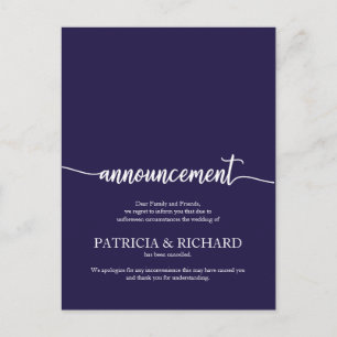 Ankündigung storniert Hochzeit Elegant Navy Blue Postkarte