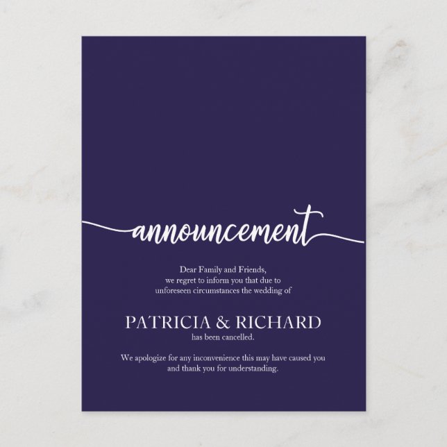 Ankündigung storniert Hochzeit Elegant Navy Blue Postkarte (Vorderseite)