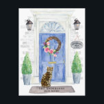 Ankündigung über die bengalische Katzenbewegung Postkarte<br><div class="desc">Mit unserer stilvollen Ankündigung kündigen Sie Ihre neue Adresse an: Bengalische Katze,  blaue Haustür,  Begrüßungstür,  Schild mit Schiefer,  Topiaries und ein Set mit Blumenkranz auf grauem Backstein.</div>