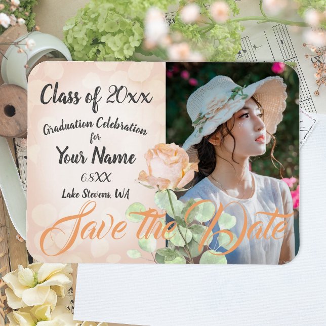 Ankündigung Vintager, kreativer Abschluss Magnet (dusty peach peach fuzz rose graduation party save the date magnet card)