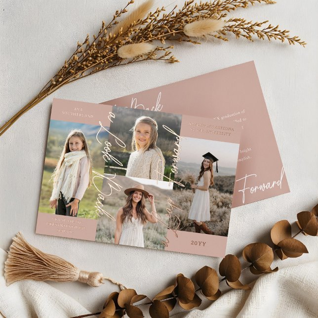 Ankündigung von Abschluss Then & Now Fotocollage (Graduation Then & Now Photo Collage Rose Blush Announcement)