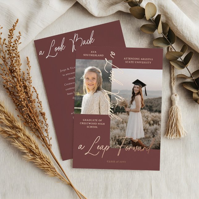 Ankündigung von Abschluss Then & Now Fotocollage (Graduation Then & Now Photo Collage Burgundy Announcement)