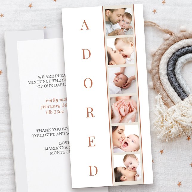 Ankündigung von "ADORED Stats Multi Foto Birth" (Adored Baby Birth Announcement in terracotta with 6 photos and personal message)
