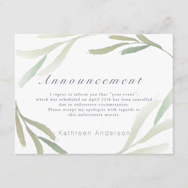 Ankündigung von Airy Greenery Stornierung Postkart Postkarte (Vorderseite)