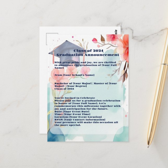 Ankündigung von Aquarellfarben-Abschlüssen Postkarte (Vorderseite/Rückseite Beispiel)