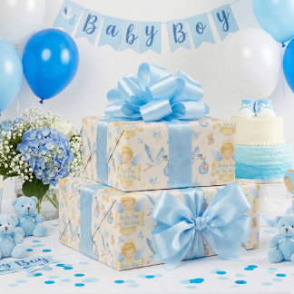 Ankündigung von Baby Boy Angel Stork Geschenkpapier